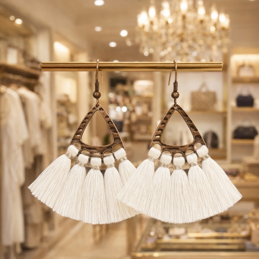 Fun and Flirty Ivory Fan Tassel Earrings
